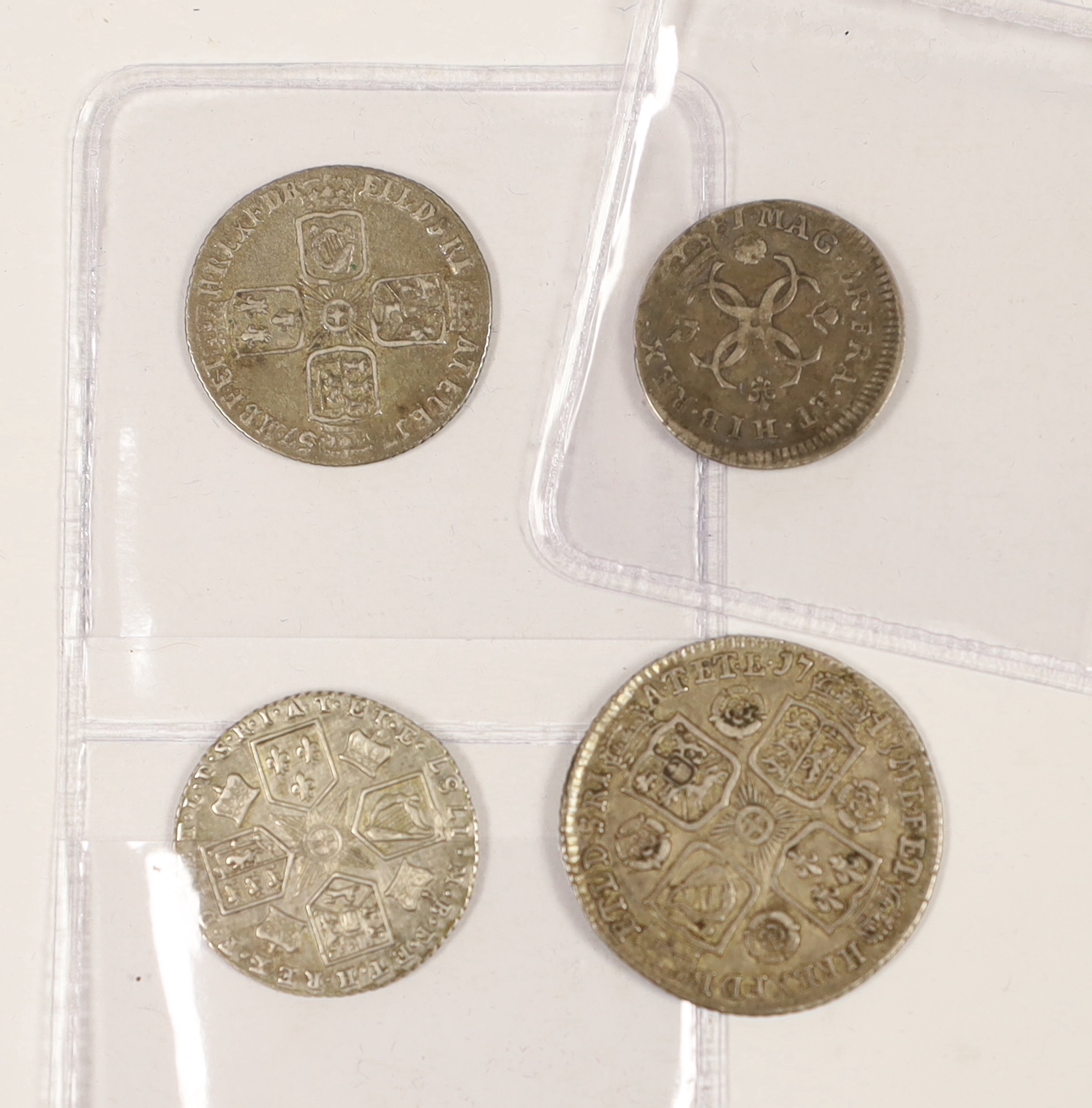 British silver coins - Charles II 4d, 1681, a George II shilling, 1743, F, and sixpence 1757, F and a George III sixpence 1787, VF